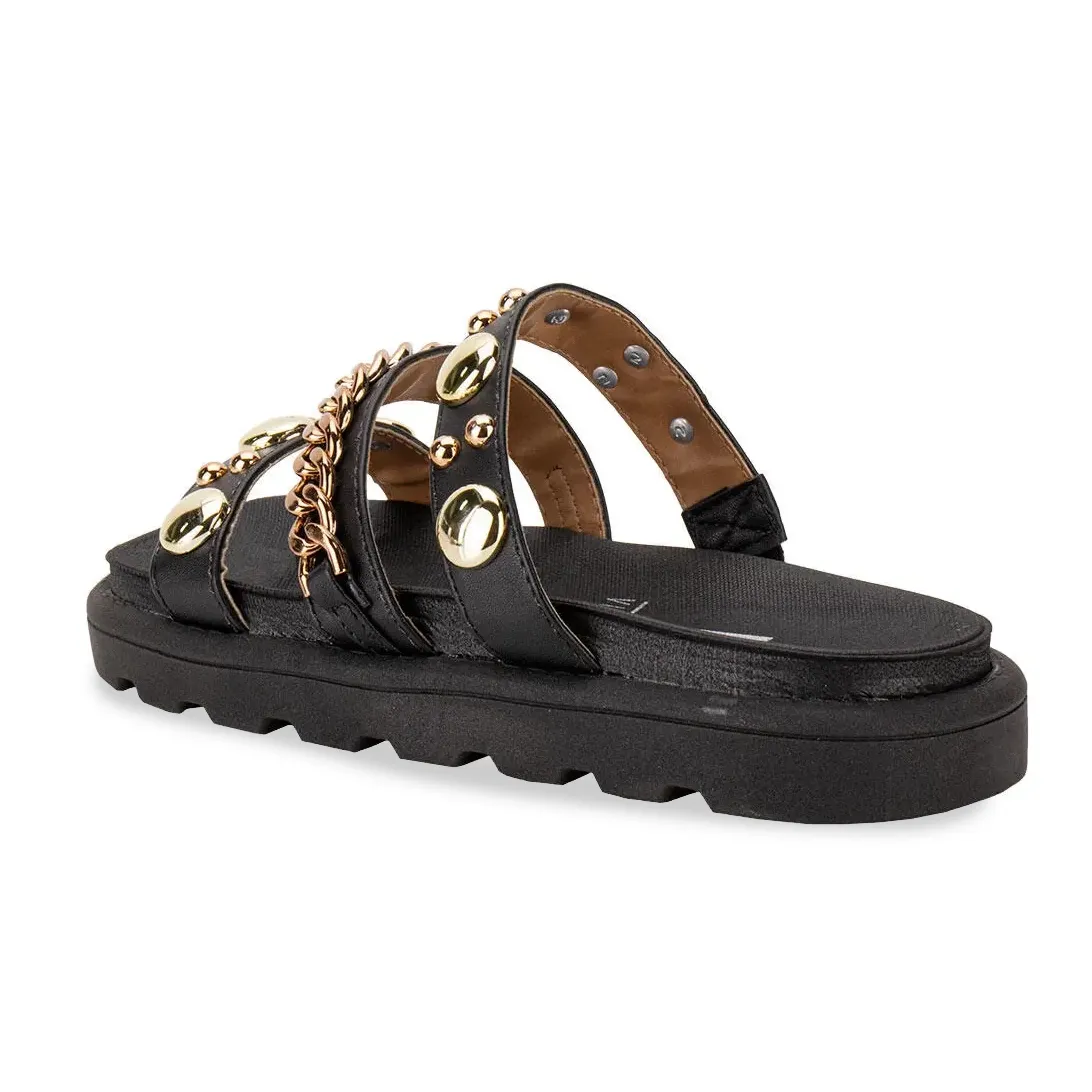 Rasteira feminina preta com tiras spike vista lateral para ajuste e conforto